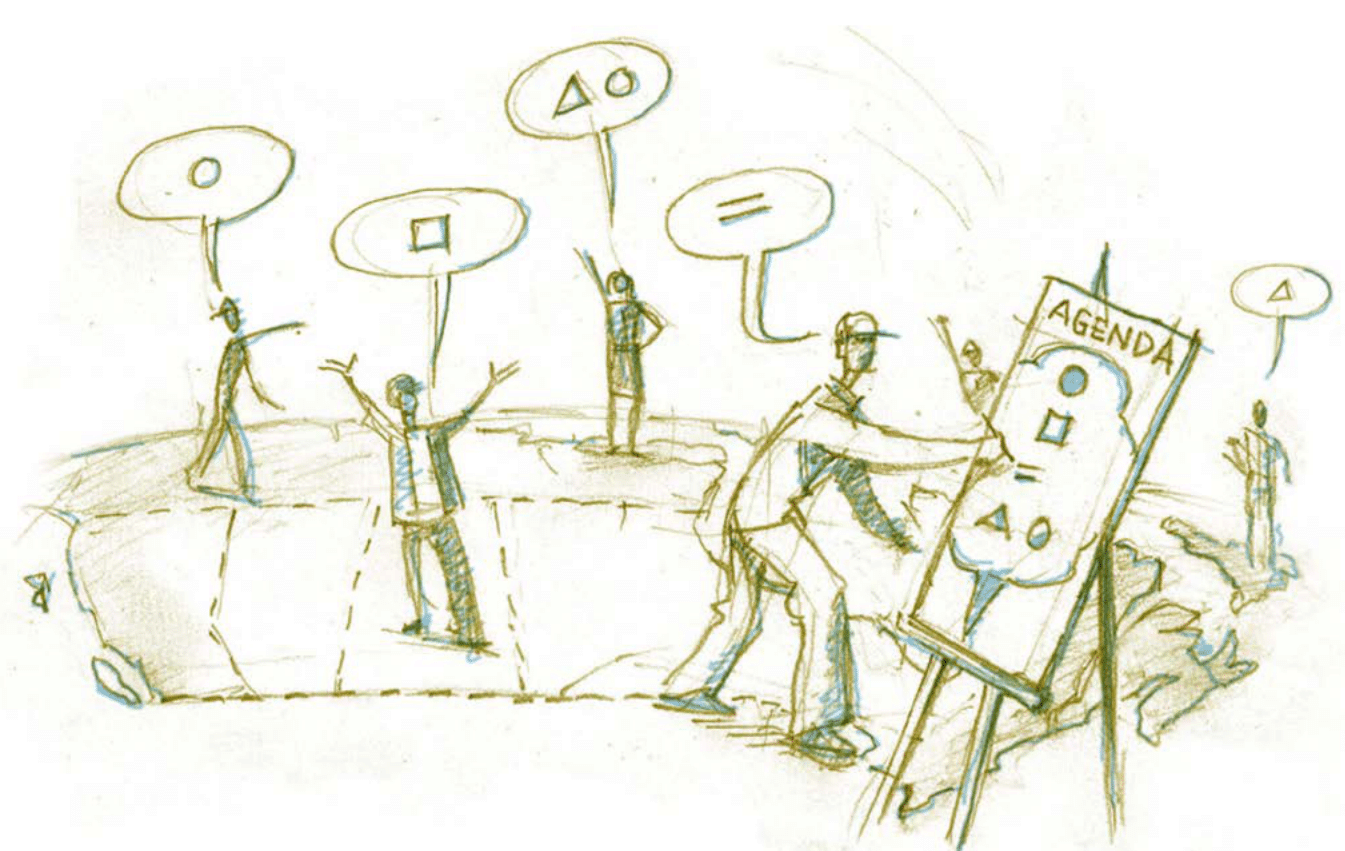 Sketch of people sharing ideas with speech bubbles containing shapes, gathered around a board labeled 'Agenda,' symbolizing collaborative planning.